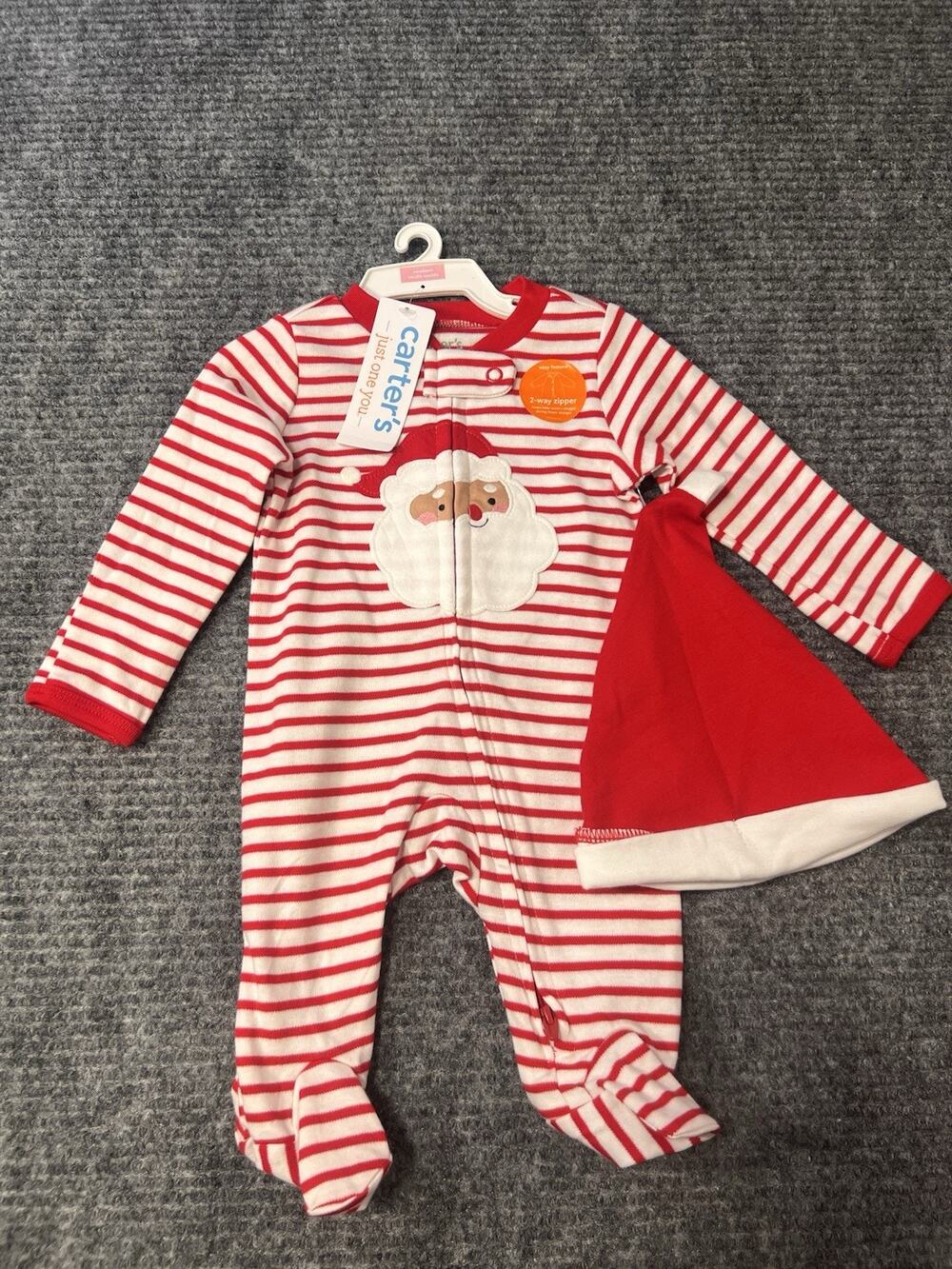Carter's Newborn Red/White Cotton Footed Santa One-Piece Sleeper 2-Way Zip